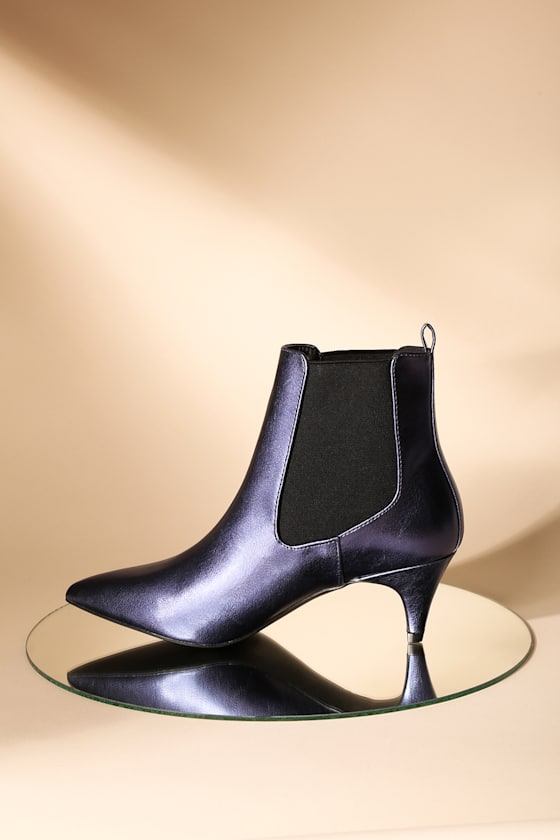 Kittie Blue Crinkle Metallic Kitten Heel Pointed Toe Ankle Boots 4