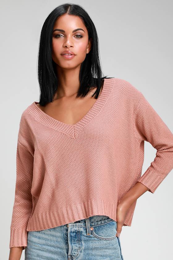 Lindston Mauve Pink Knit V-Neck Sweater 2