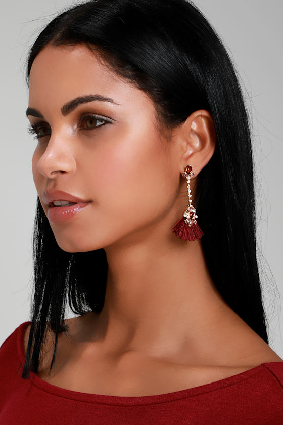 Glam Burgundy Earrings Rhinestone Earrings Fringe Earrings Lulus