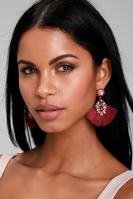 Glam Burgundy Earrings Tassel Earrings Rhinestone Earrings Lulus