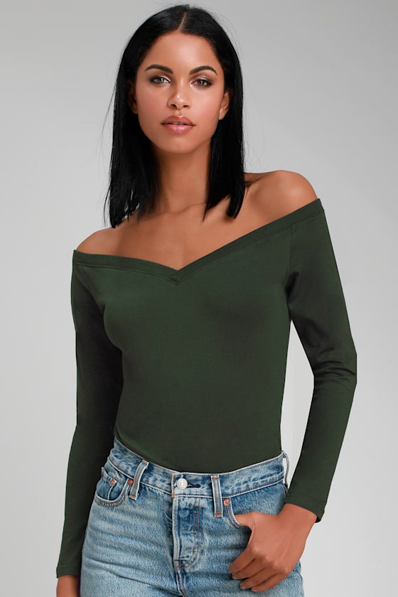 Malya Forest Green Long Sleeve Off-the-Shoulder Top 3