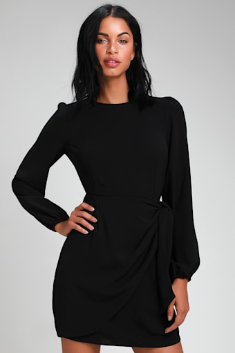 Believe It or Knot Black Long Sleeve Tie-Front Skater Dress 1