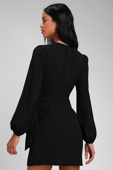 Believe It or Knot Black Long Sleeve Tie-Front Skater Dress