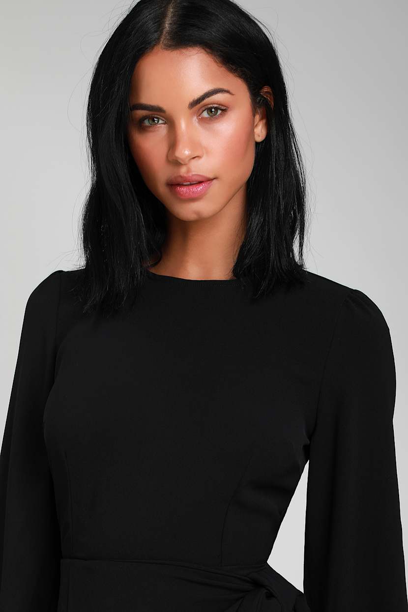 Believe It or Knot Black Long Sleeve Tie-Front Skater Dress