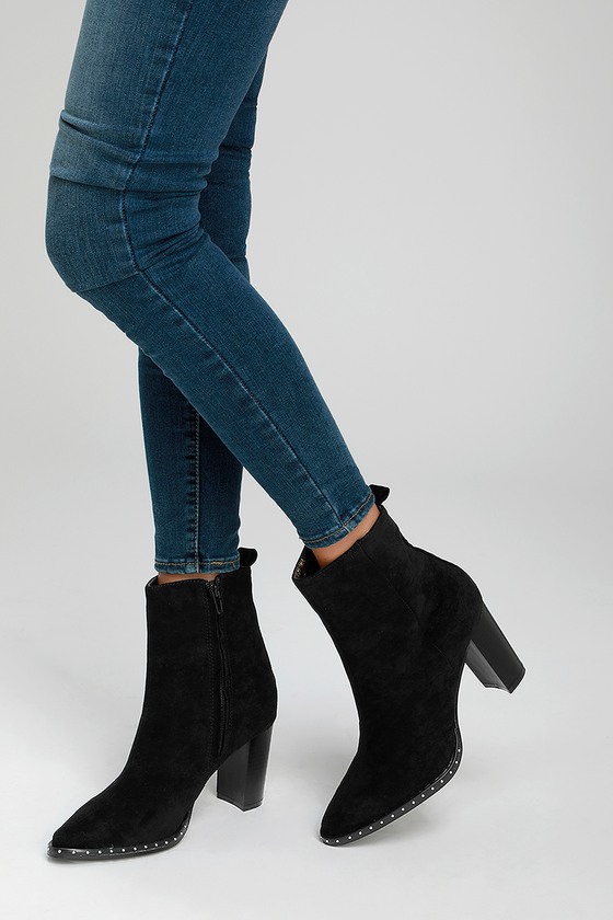black ankle booties with brown heel