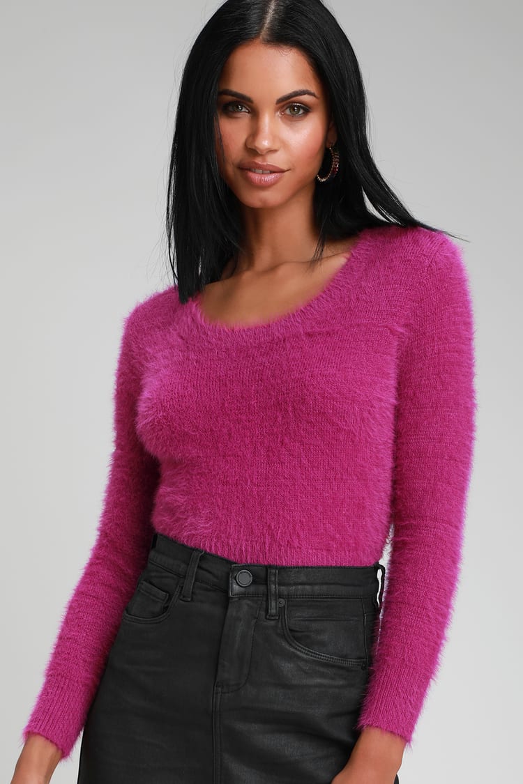 Heartwarming Magenta Purple Fuzzy Cropped Sweater