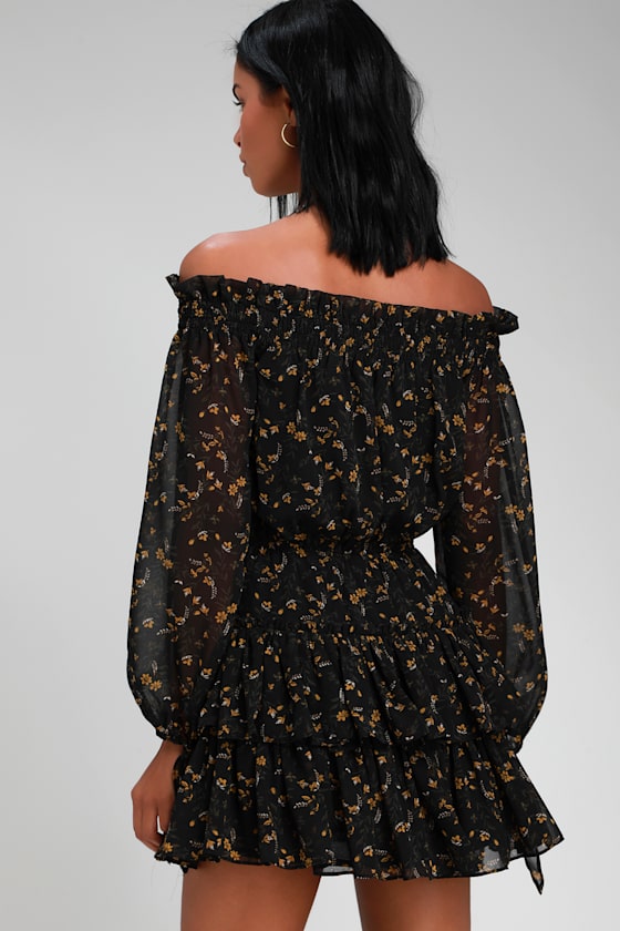 Benson Black Floral Print Off-the-Shoulder Ruffled Skater Dress 2