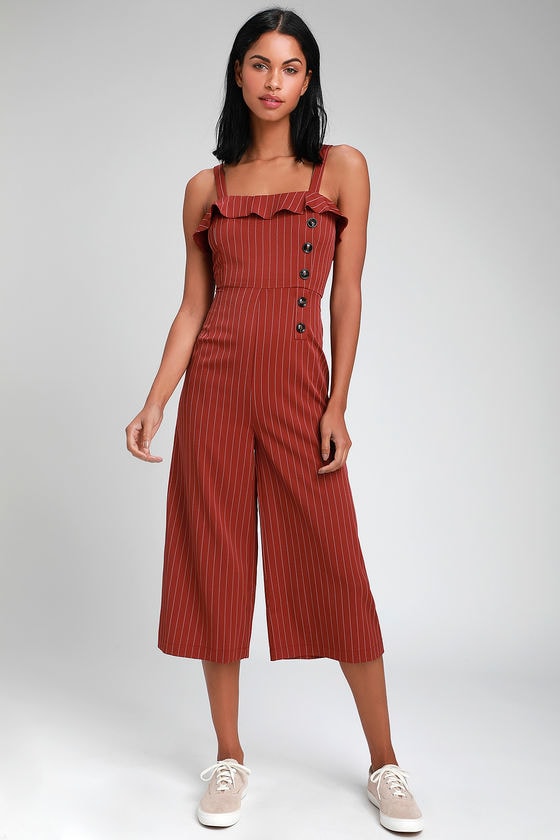 Cute Rust Red Striped Jumpsuit - Culotte Jumpsuit - Jumpsuit - Lulus