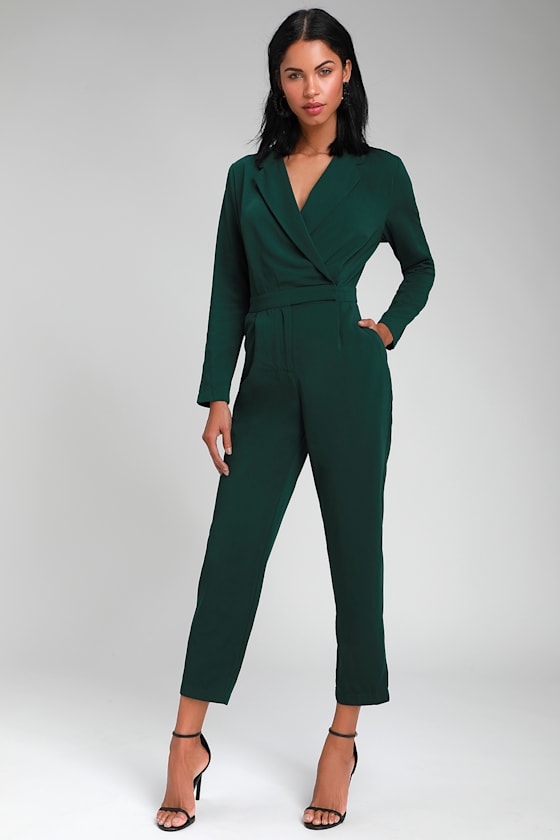 Chic Green Jumpsuit Long Sleeve Jumpsuit Office Jumpsuit Lulus