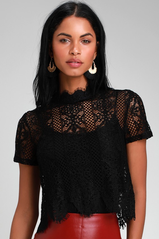 Pretty Black Lace Top - Lace Crop Top - Short Sleeve Lace Top