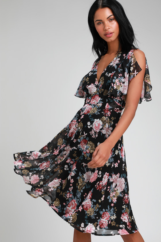 Lovely Black Floral Print Dress - Midi Dress - Short Sleeve Dress - Lulus