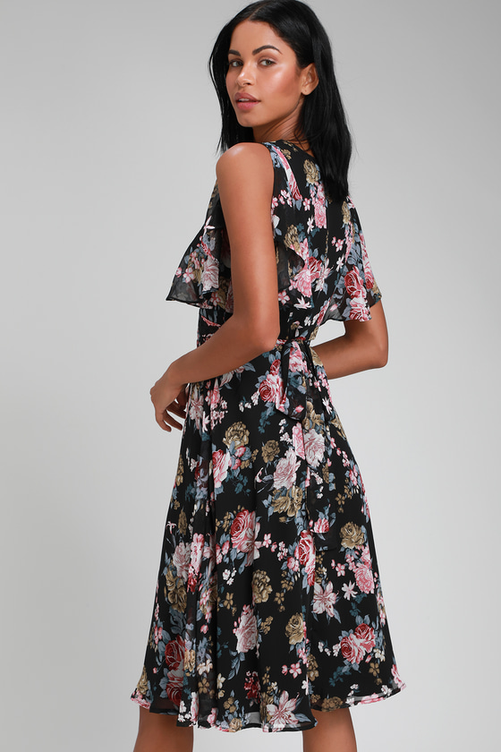 Lovely Black Floral Print Dress - Midi Dress - Short Sleeve Dress - Lulus