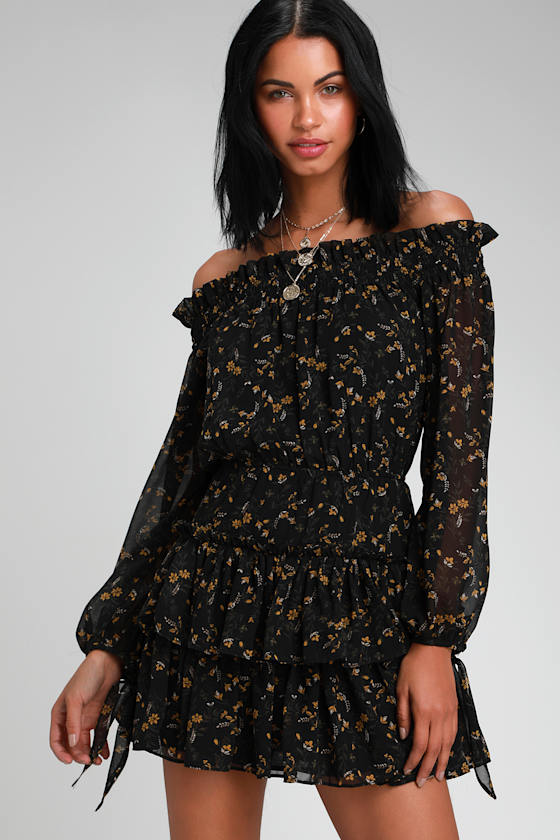Benson Black Floral Print Off-the-Shoulder Ruffled Skater Dress 4