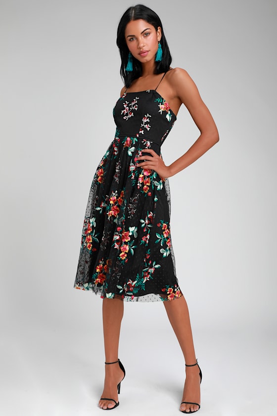 Down to Party Black Floral Embroidered Midi Dress 1