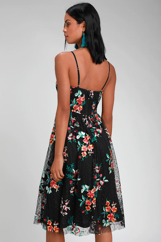 Down to Party Black Floral Embroidered Midi Dress 2