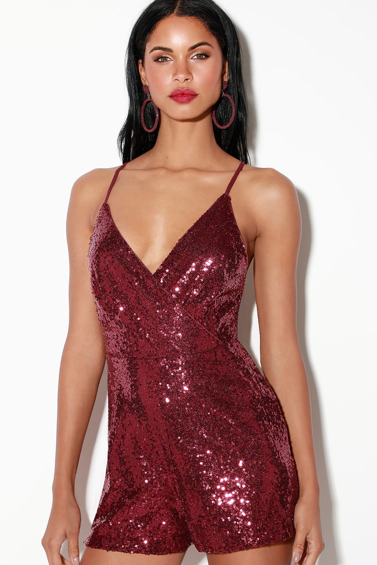 Sparks Will Fly Wine Red Sequin Surplice Romper