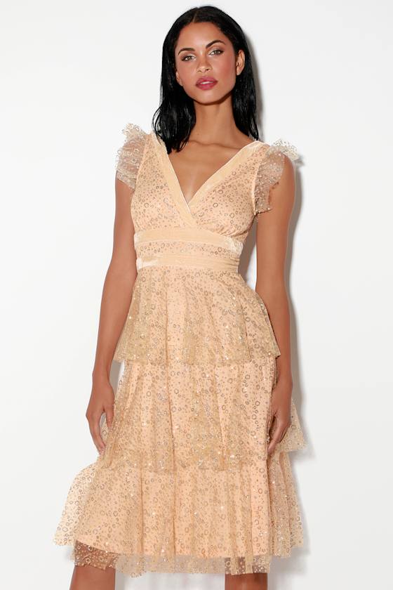 Stunning Love Nude and Gold Glitter Tiered Midi Dress 4
