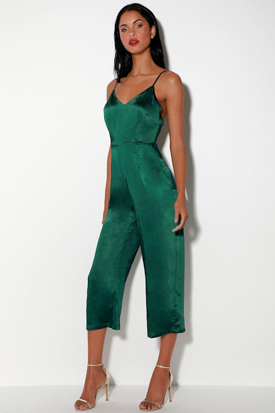 Cool Forest Green Jumpsuit Satin Jumpsuit Culotte Jumpsuit Lulus