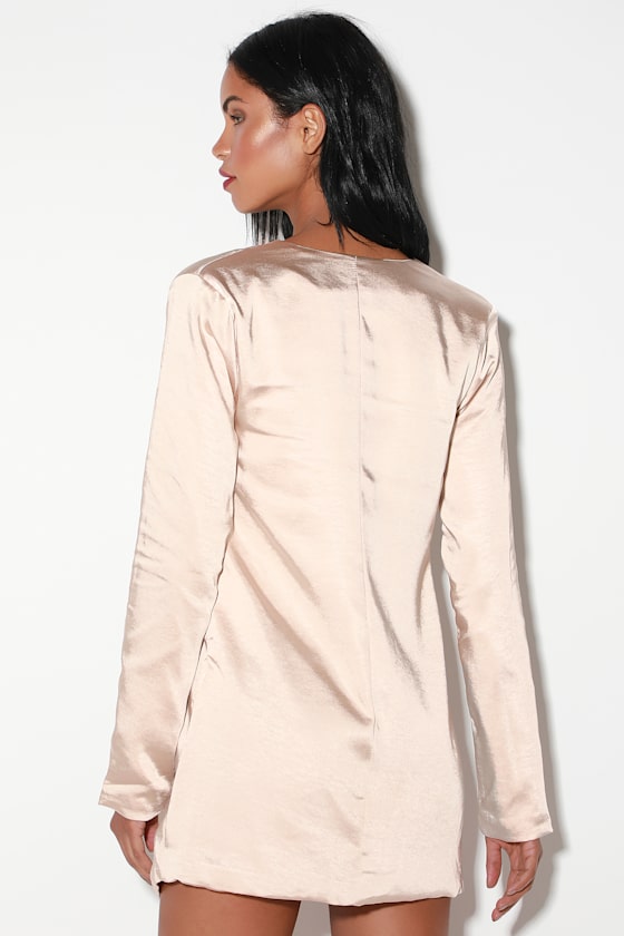 Sleek Surprise Champagne Satin Double Breasted Blazer Dress 2