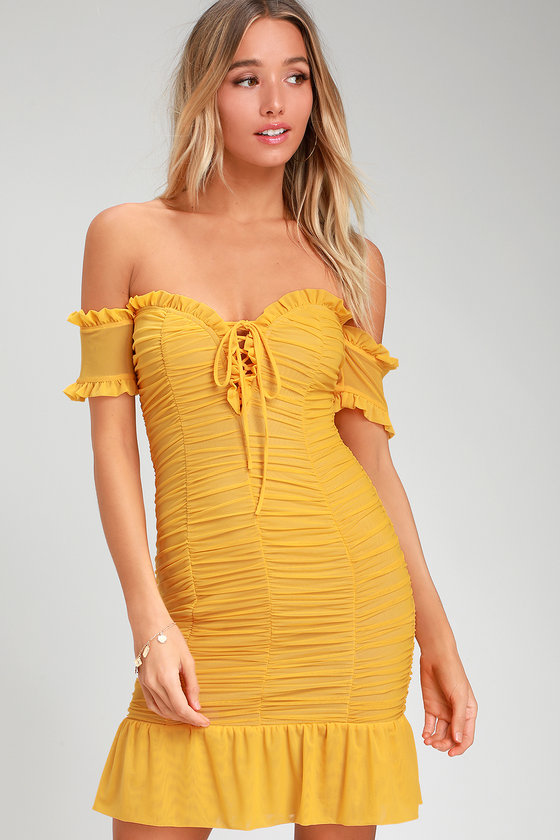 yellow off the shoulder midi dress
