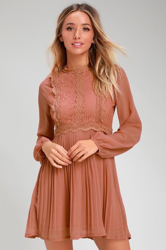 Rusty Rose Dress - Lace Long Sleeve Dress - Lace Skater Dress - Lulus
