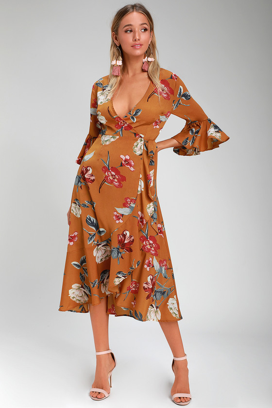 Pretty Mustard Yellow Floral Print Dress - Floral Midi Wrap Dress - Lulus