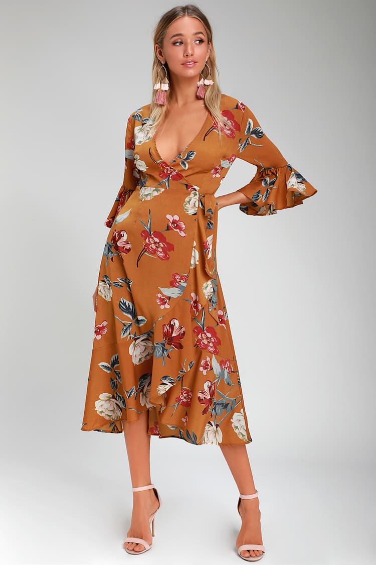 knee length dresses for ladies Black And Taupe Printed Knot Front Midi Dress