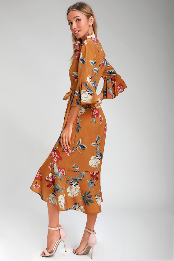 Pretty Mustard Yellow Floral Print Dress - Floral Midi Wrap Dress