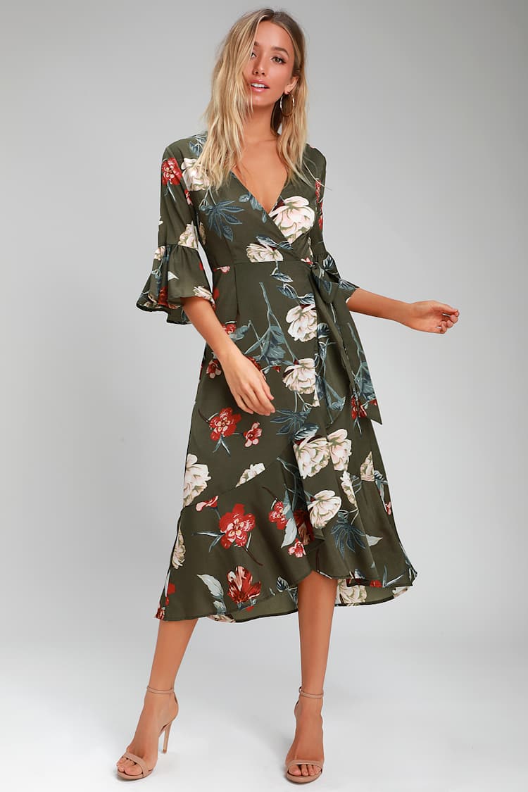 Love and Light Olive Green Floral Print Midi Wrap Dress