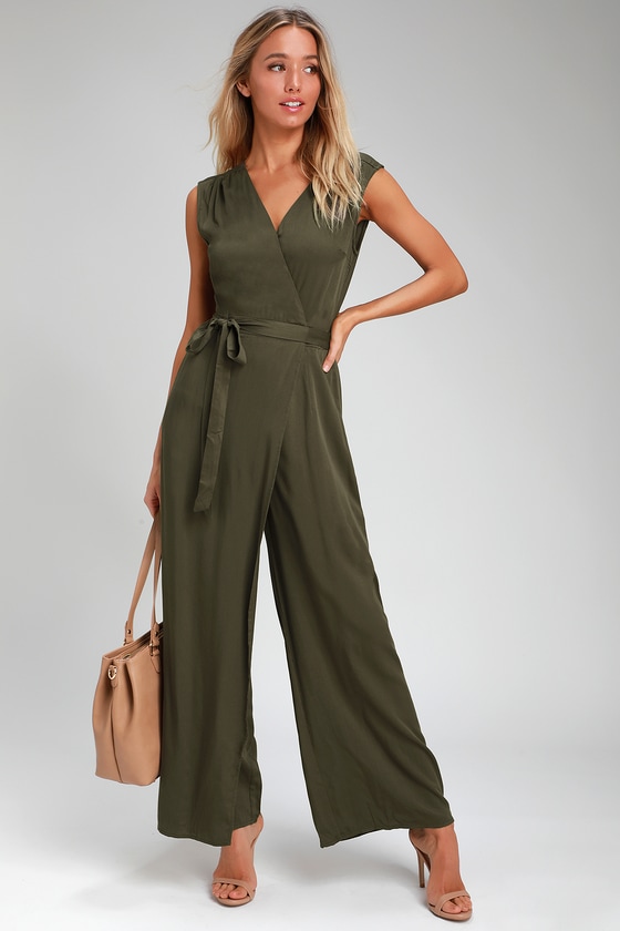 Chic Olive Green Jumpsuit - Wide-Leg Jumpsuit - Wrap Jumpsuit - Lulus