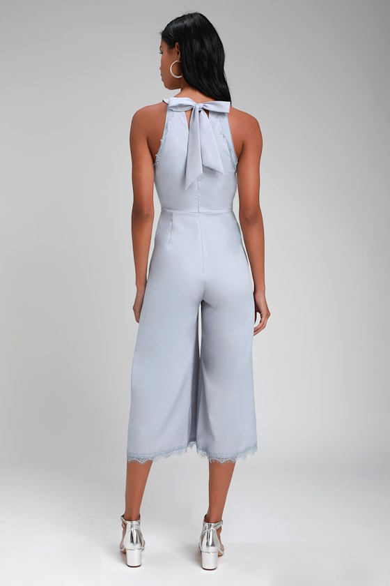 Awe and Amour Light Blue Wide-Leg Cropped Eyelash Lace Jumpsuit 4