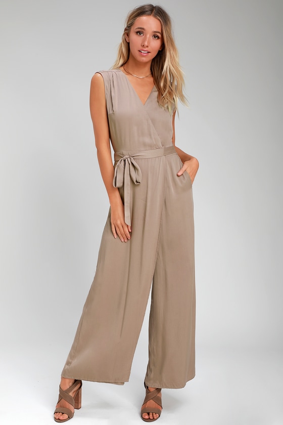 Right to Dream Taupe Wide-Leg Wrap Jumpsuit