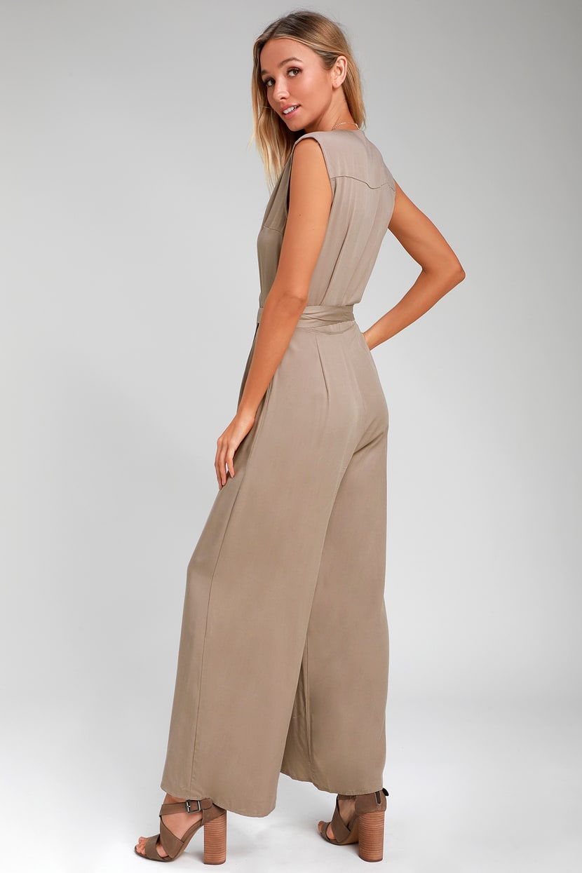 Right to Dream Taupe Wide-Leg Wrap Jumpsuit