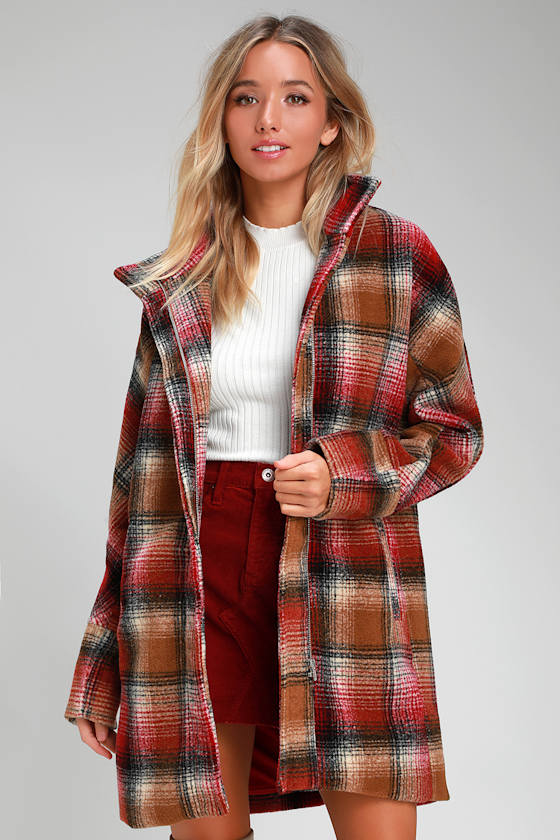 Cute Burgundy and Brown Coat Plaid Coat Funnel Neck Coat Lulus