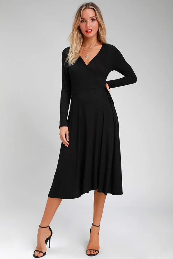 Cute Black Dress - Wrap Dress - Long Sleeve Dress - Ribbed Dress - Lulus