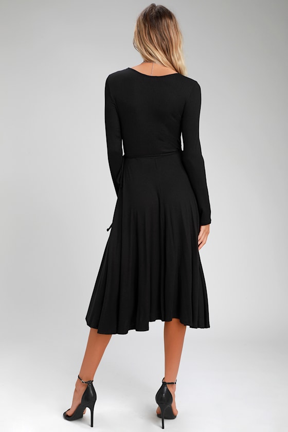 Keira Black Ribbed Long Sleeve Midi Wrap Dress 4