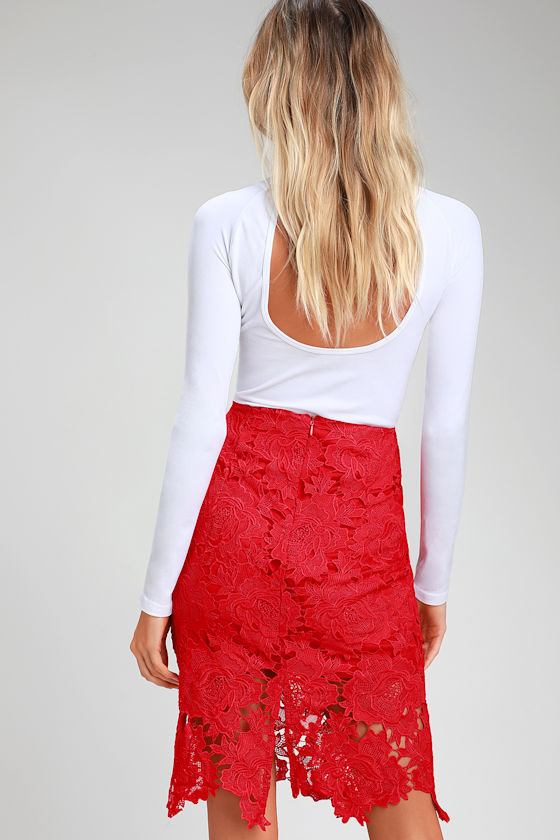Roses and Proses Red Lace Midi Skirt 4