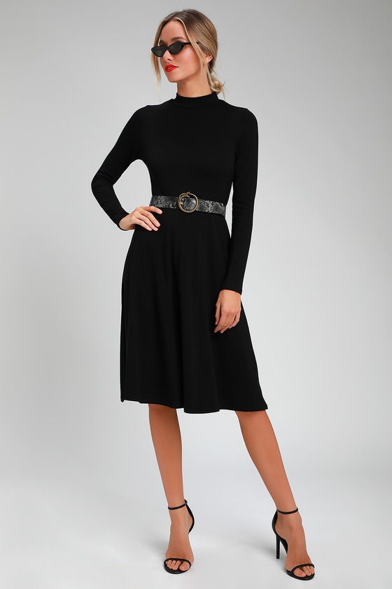 black midi skater dress with sleeves