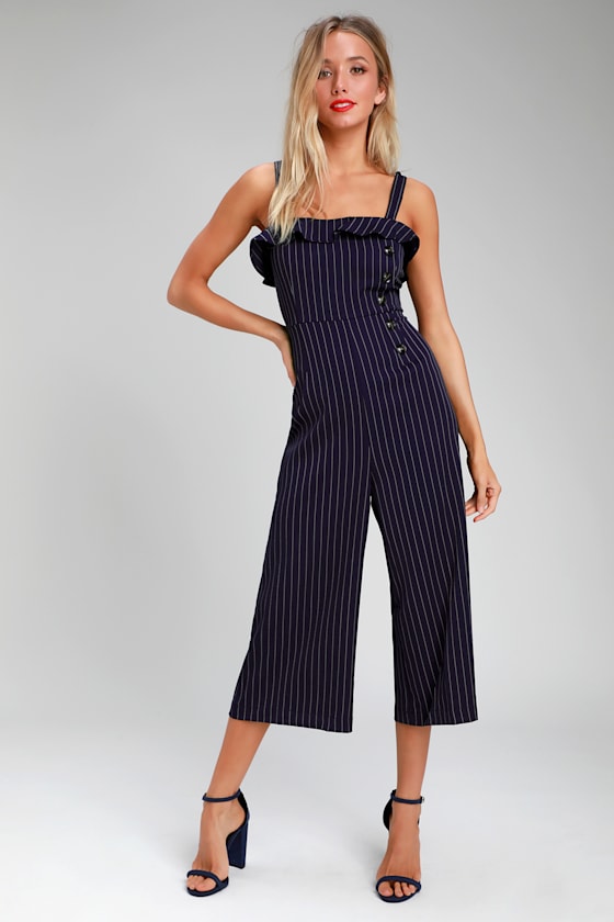 Chantelle Navy Blue Striped Culotte Jumpsuit 1
