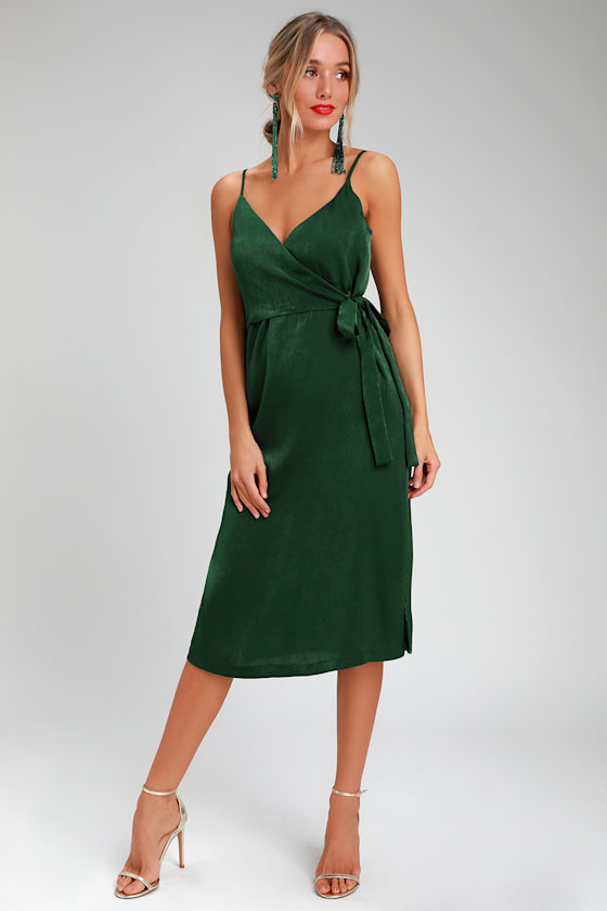Fall In Love Forest Green Satin Midi Wrap Dress 1