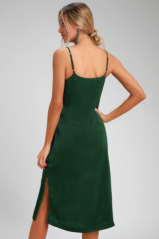 Fall In Love Forest Green Satin Midi Wrap Dress 4