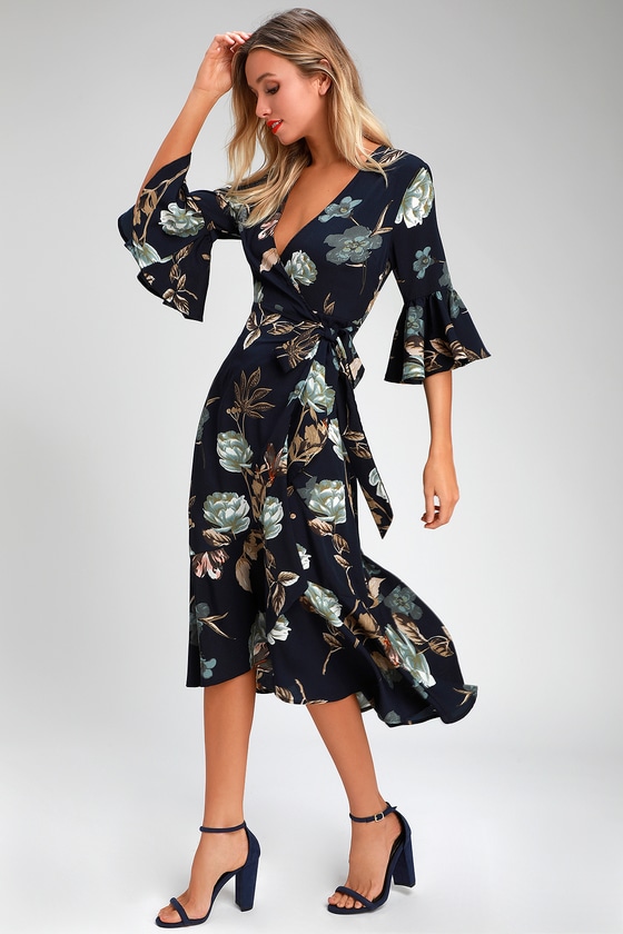 Pretty Navy Blue Floral Print Dress - Floral Midi Wrap Dress - Lulus