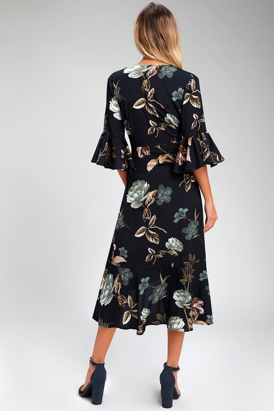 Pretty Navy Blue Floral Print Dress - Floral Midi Wrap Dress - Lulus