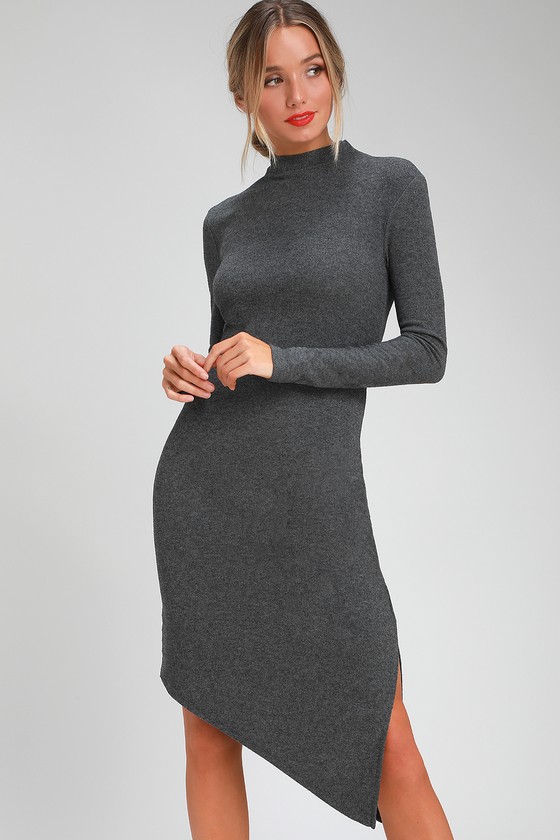 Cozy Charcoal Grey Dress - Long Sleeve Dress - Midi Dress - Lulus