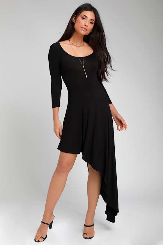 Marsha Black Half-Sleeve Asymmetrical Midi Dress