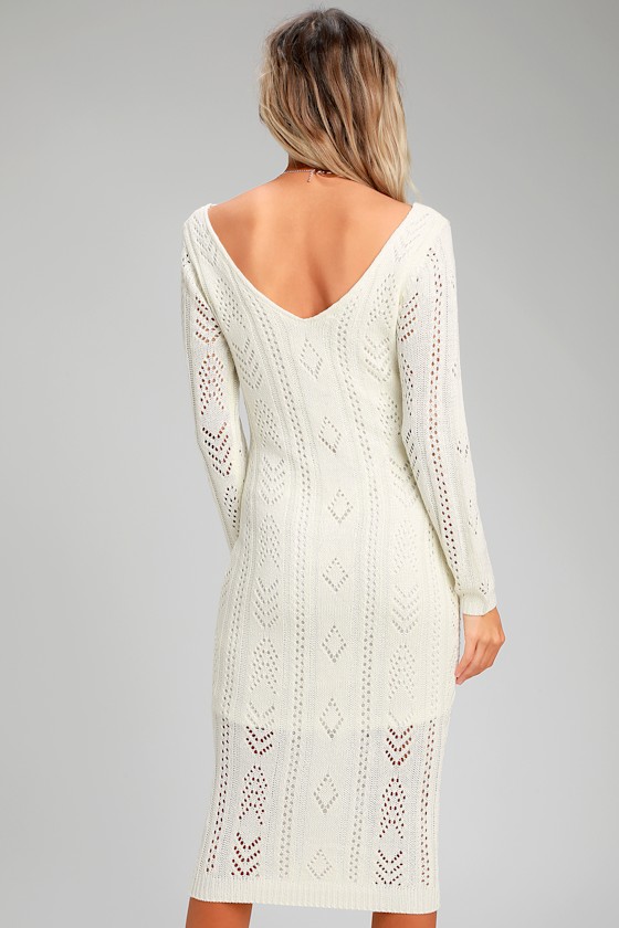 Boho Cream Knit Dress Pointelle Knit Midi Dress Sweater Dress