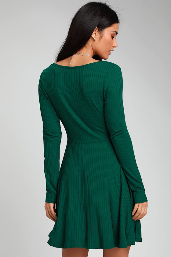 Alondra Forest Green Long Sleeve Skater Dress 3