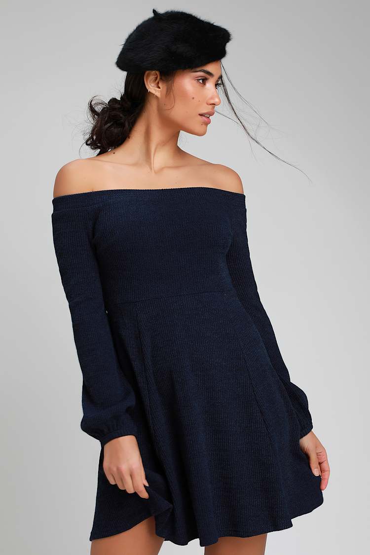 blue off the shoulder skater dress Cute Navy - Ribbed Knit Dress - Balloon Sleeve Dress SIZE:X-SMALL