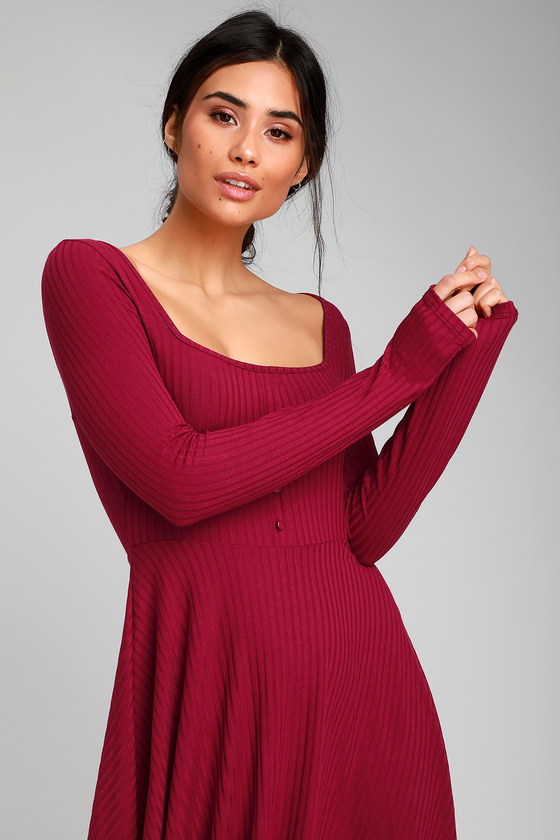 Cute Skater  Dress  Long Sleeve Skater  Dress  Berry  Red 