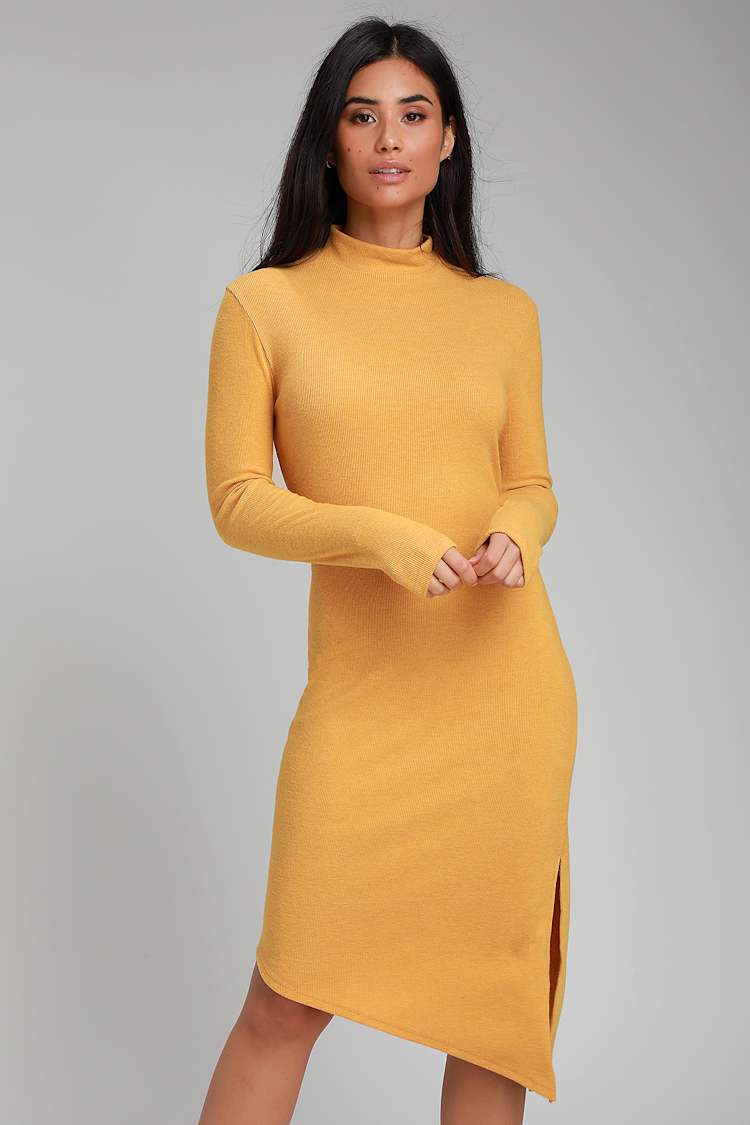 Cozy Golden Yellow Dress - Long Sleeve Dress - Midi Dress - Lulus Cozy Golden Yellow Dress - Long Sleeve Dress - Midi Dress - Lulus